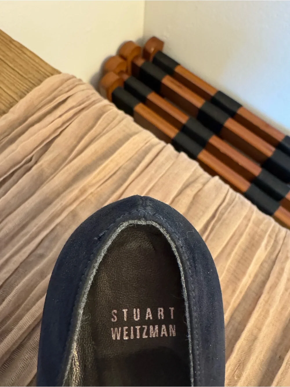 Stuart Weitzman Navy Suede Pumps with Rosette Accent open toe